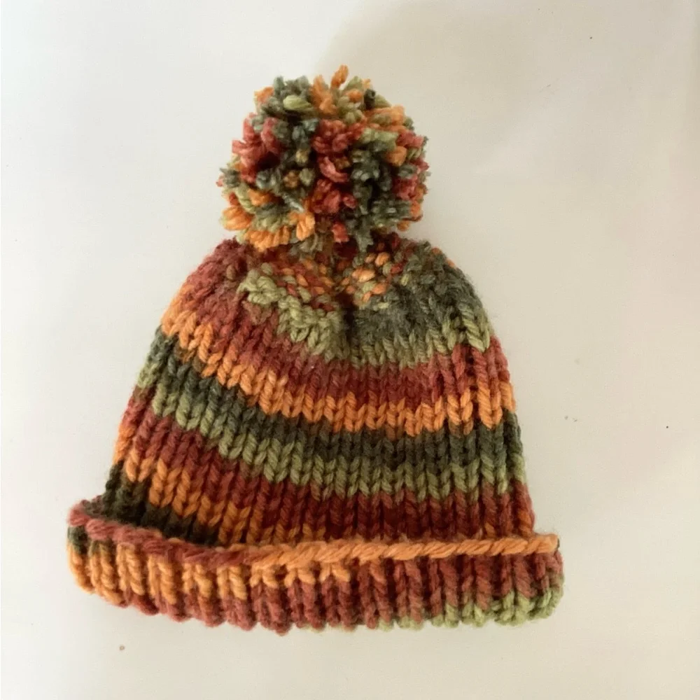 Hat Beanie Hand Crafted Baby Pom Pom Knit Green Rust Orange Knit Fall